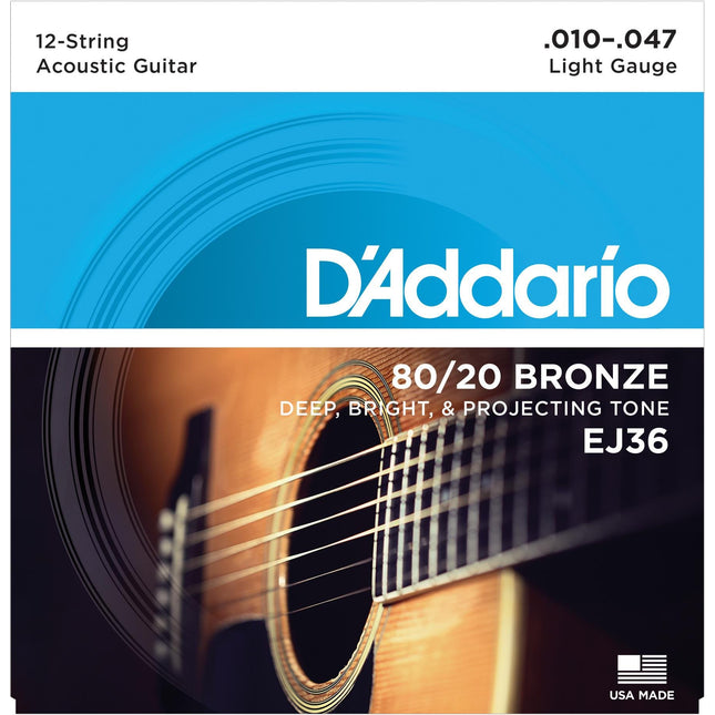 DADDARIO EJ36 AKUSTİK GİTAR TEL SETİ, 12 TELLİ, 10-47, 80/20 BRONZE, LIGHT