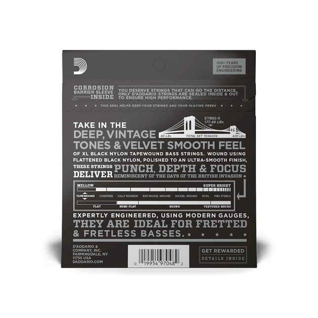 DADDARIO ETB92 BASS GİTAR TEL SETİ, 5 TELLİ, 50-105, XL NYLON TAPEWOUND, MEDIUM